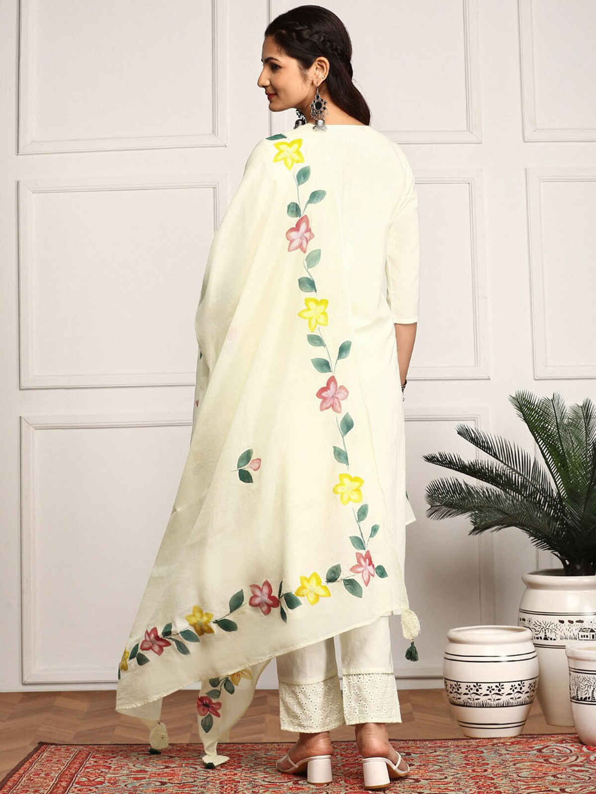Ishin Women's Kurta Set Cotton with Dupatta | Off White - XL
