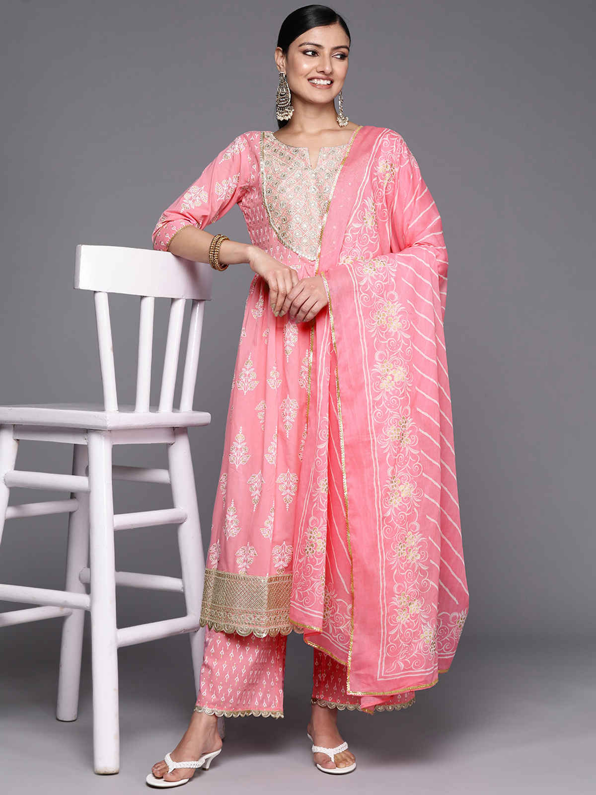 Libas Yoke Design Cotton Anarkali Kurta With Palazzos & Dupatta | 34251R | Pink - M