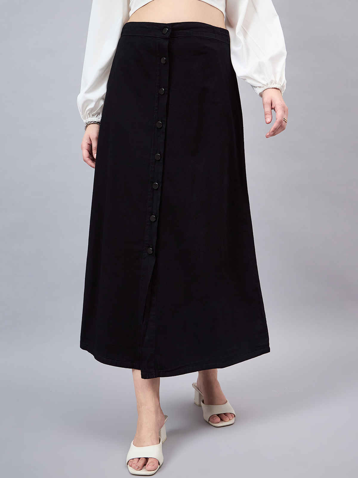 Style Quotient Women A-Line Maxi Denim Skirt | 34 | SS24SQMADONNA - Black