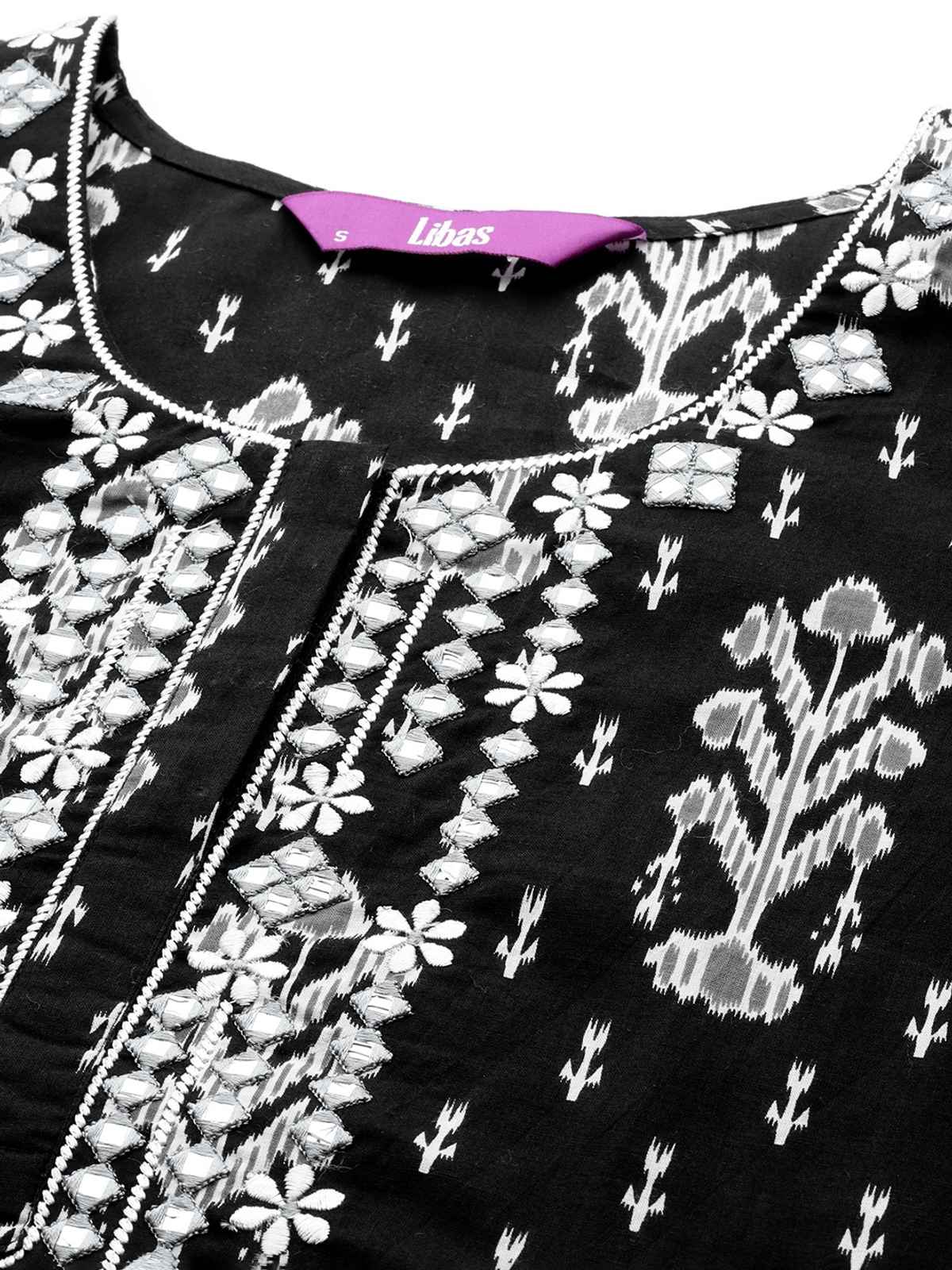 Libas Women Black Mirror Work Detail Straight Kurta With Black Trousers & Dupatta - 34164S