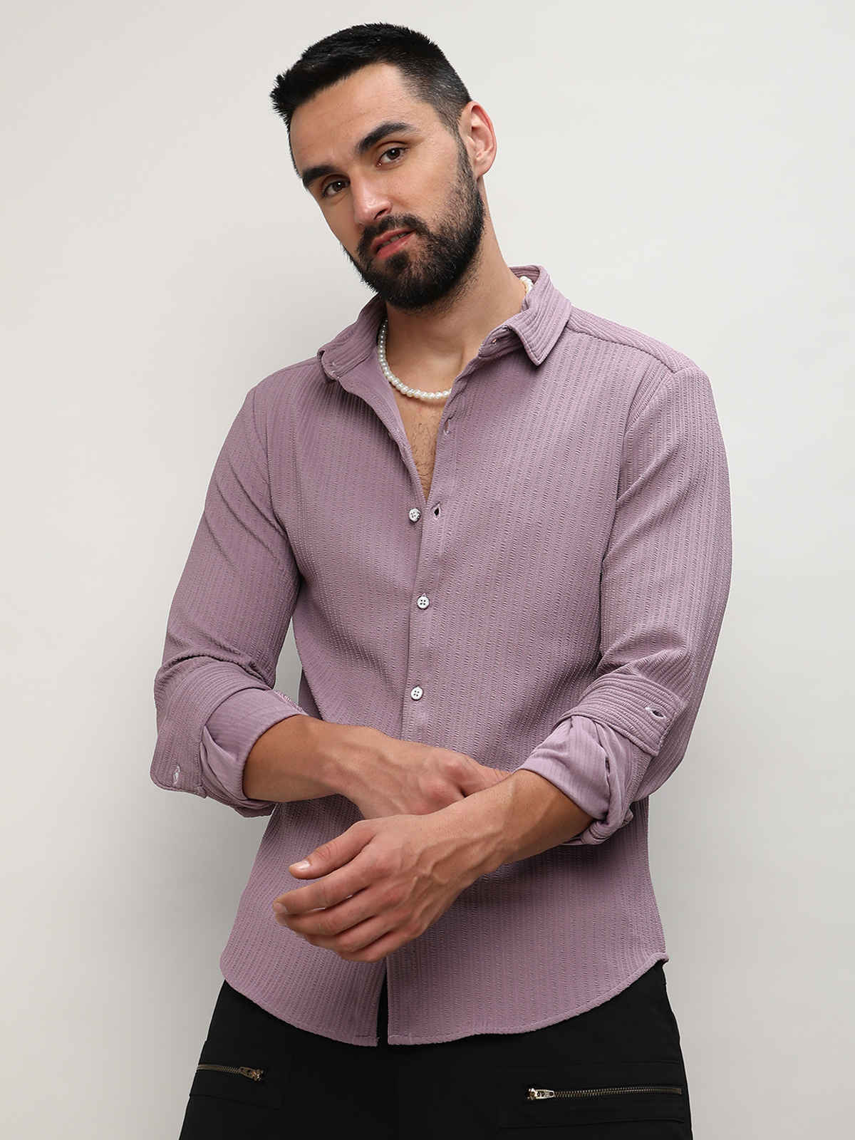 Campus Sutra Men's Stripe-Creased Shirt | Lavender - M