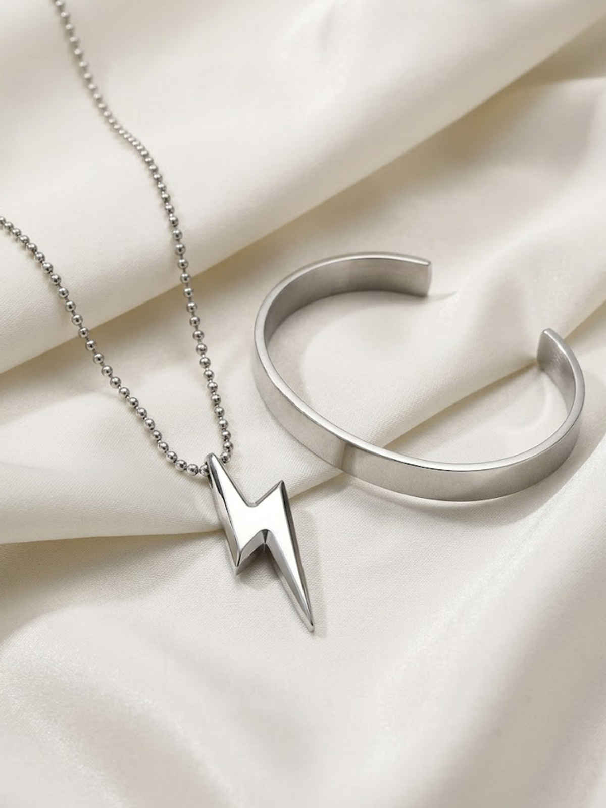 NVR Men's Silver Stainless Steel Cuff Bracelet & Silver-Plated Flash Pendant with Chain Gift combo
