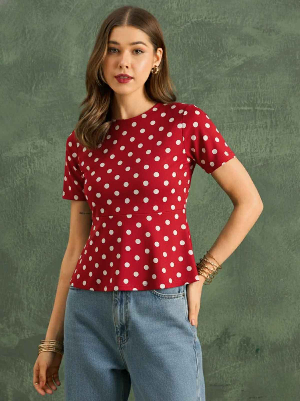 Uptownie Women's Stretchable Half Sleeve Peplum Top | Red | M