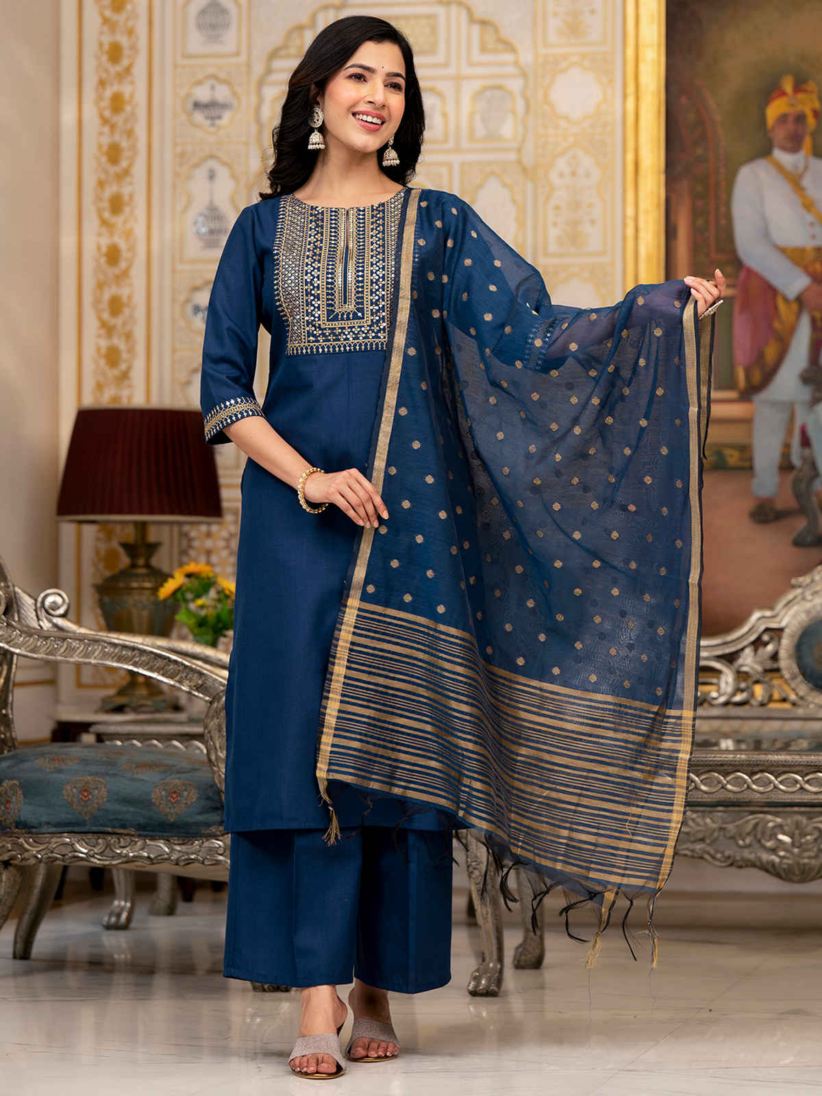 Vishudh Women's Embroidered Panel Straight Kurta With Cropped Palazzo & Ready Dupatta | Teal - XL