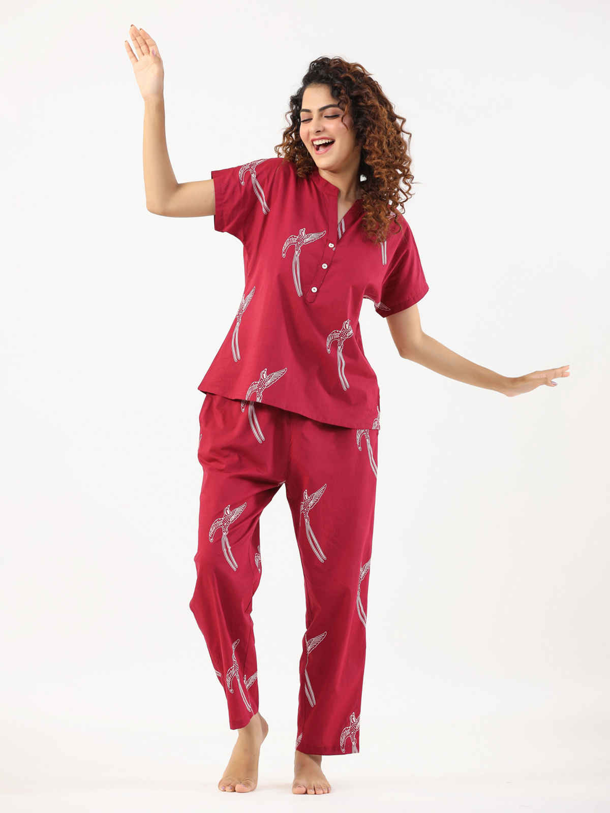 Sanskrutihomes Conversational Printed Mandarin Collar Pure Cotton Night Suit | Magenta - S