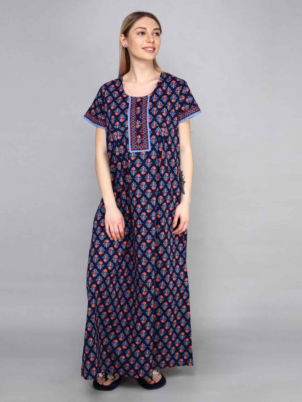 Evolove Women's Soft Cotton & Warm Printed Nighty | Blue | XL