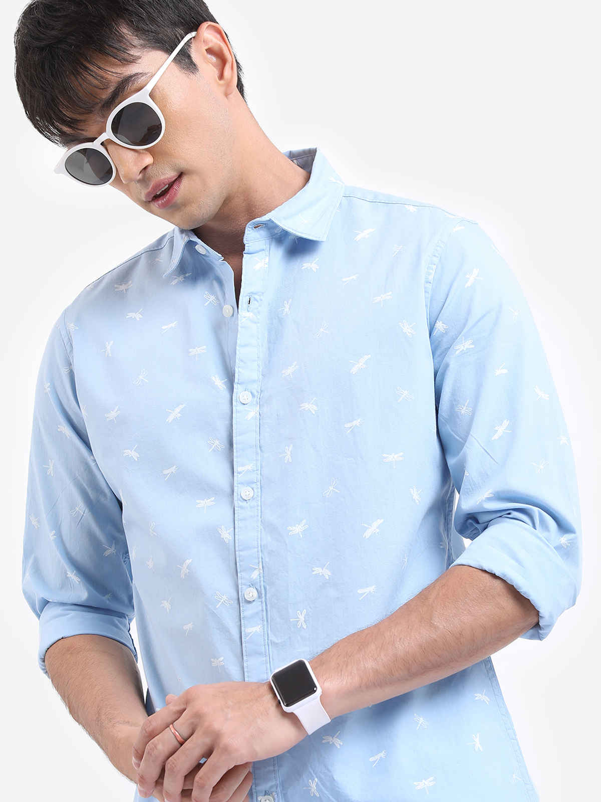 Highlander Men's Conversational Printed Slim Fit Spread Collar Casual Cotton Shirt | Light Blue - S