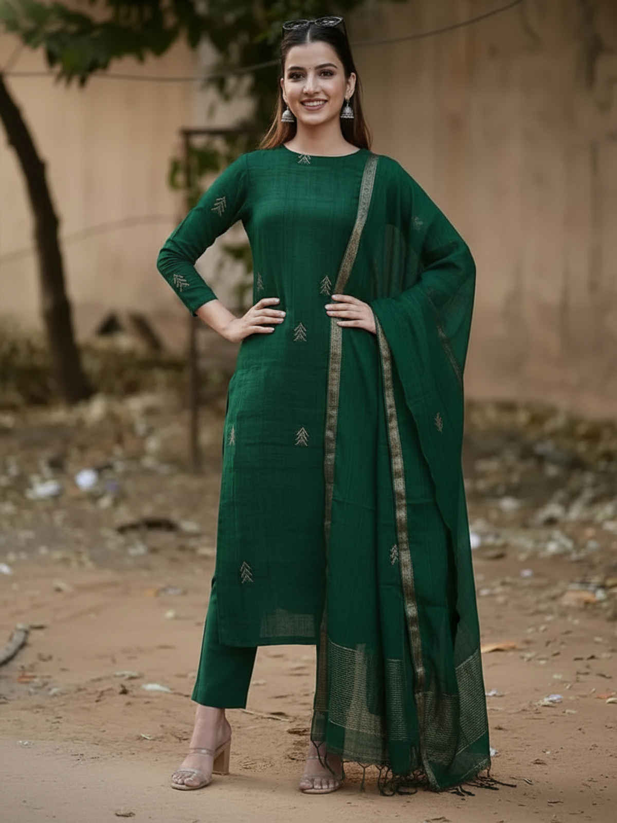 GoSriKi Women's Rayon Blend Printed Straight Kurta Set With Dupatta | GREEN | M
