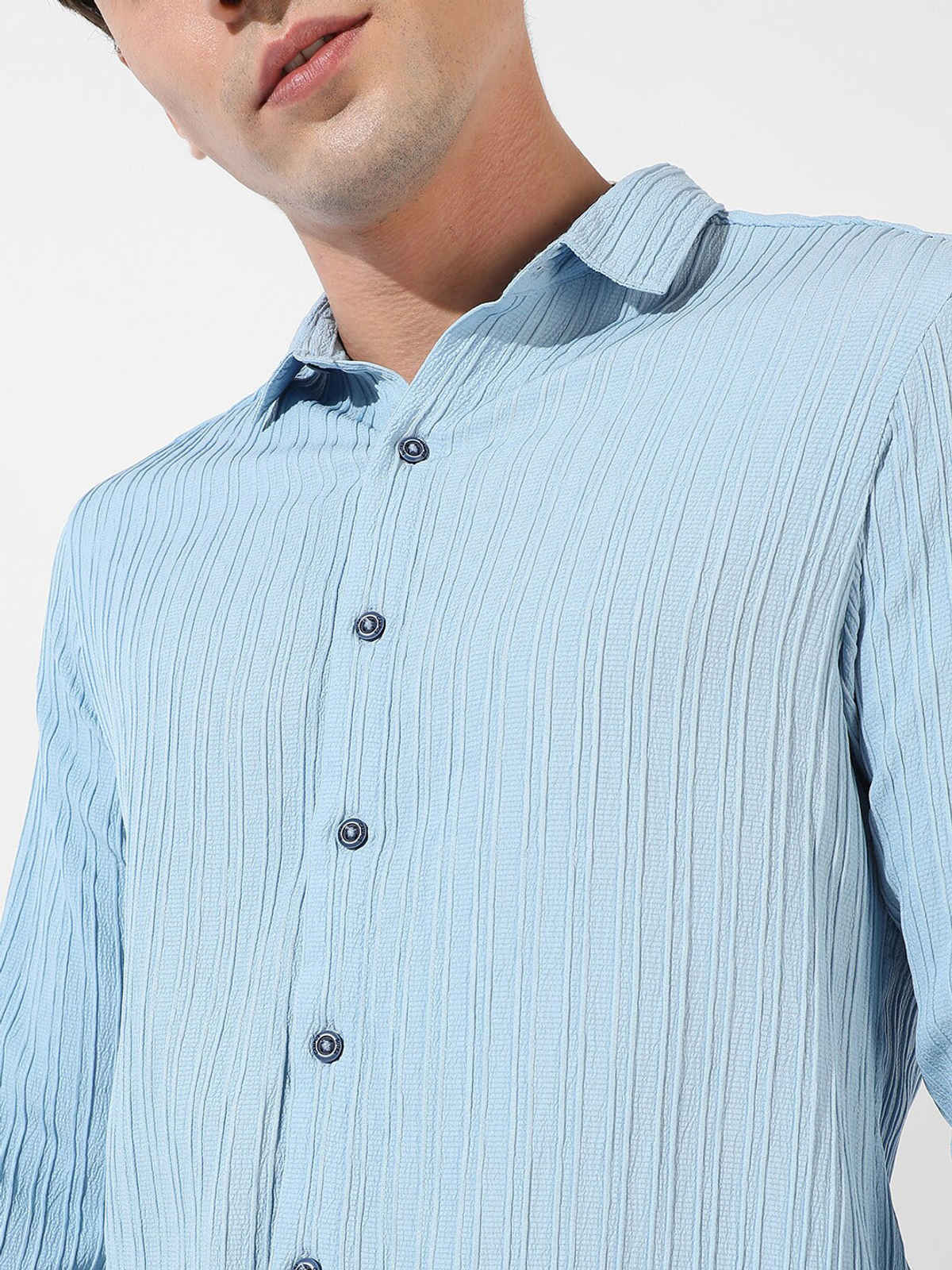 Campus Sutra Men's Polyester Blend Self-Design Striped Shirt | Blue | S
