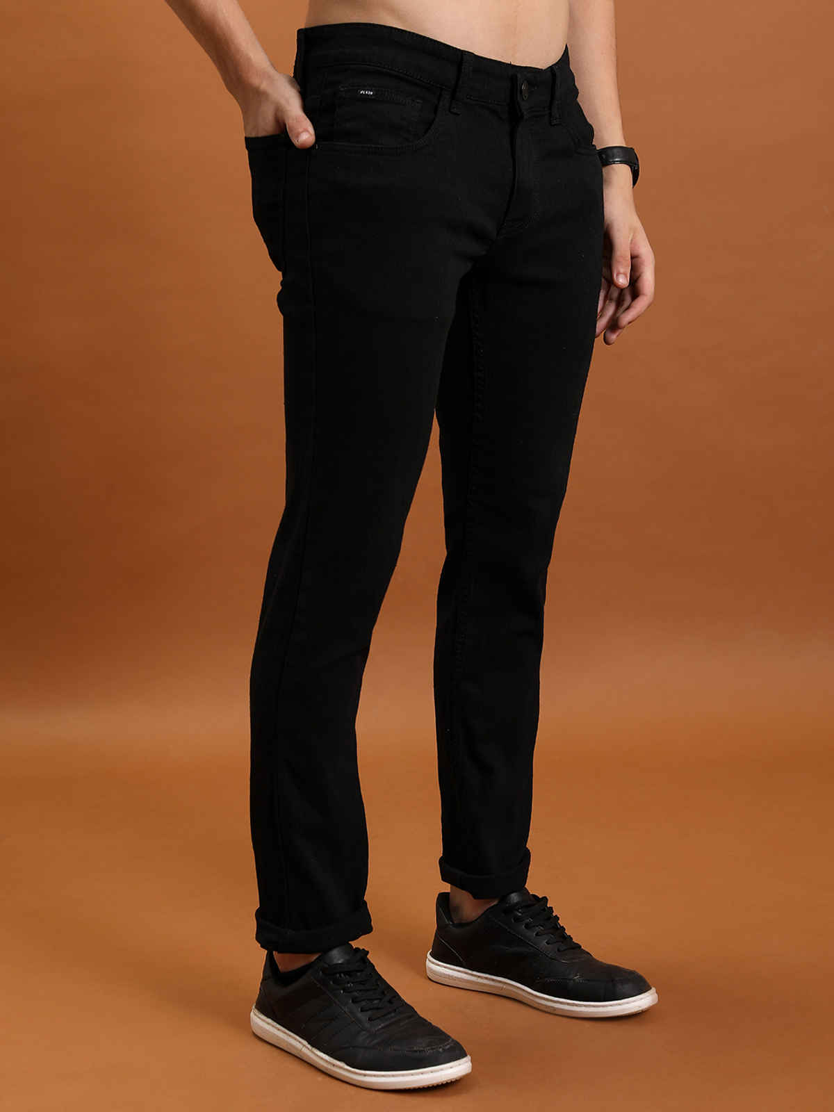 Highlander Men's Straight Fit Mid-Rise Clean Look Stretchable Jeans | Black - 30