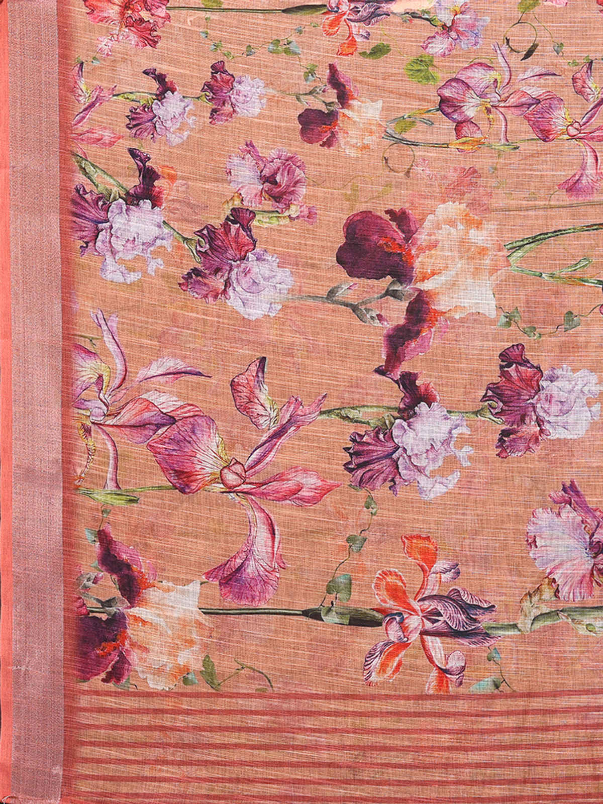 Janasya Women's Cotton Linen Floral Printed Saree with Blouse Piece | SAR452 | Peach