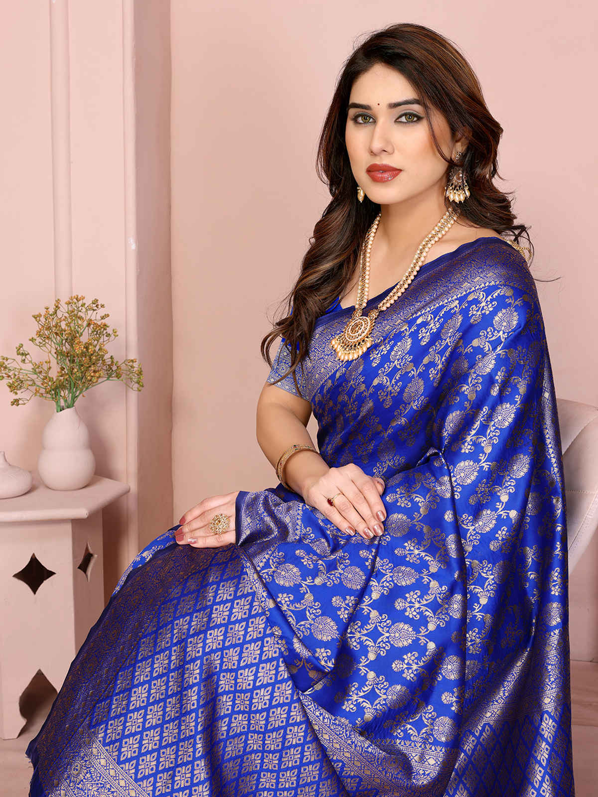 Hema Silk Mills Women Woven Banarasi Silk Blend Saree | Royal Blue