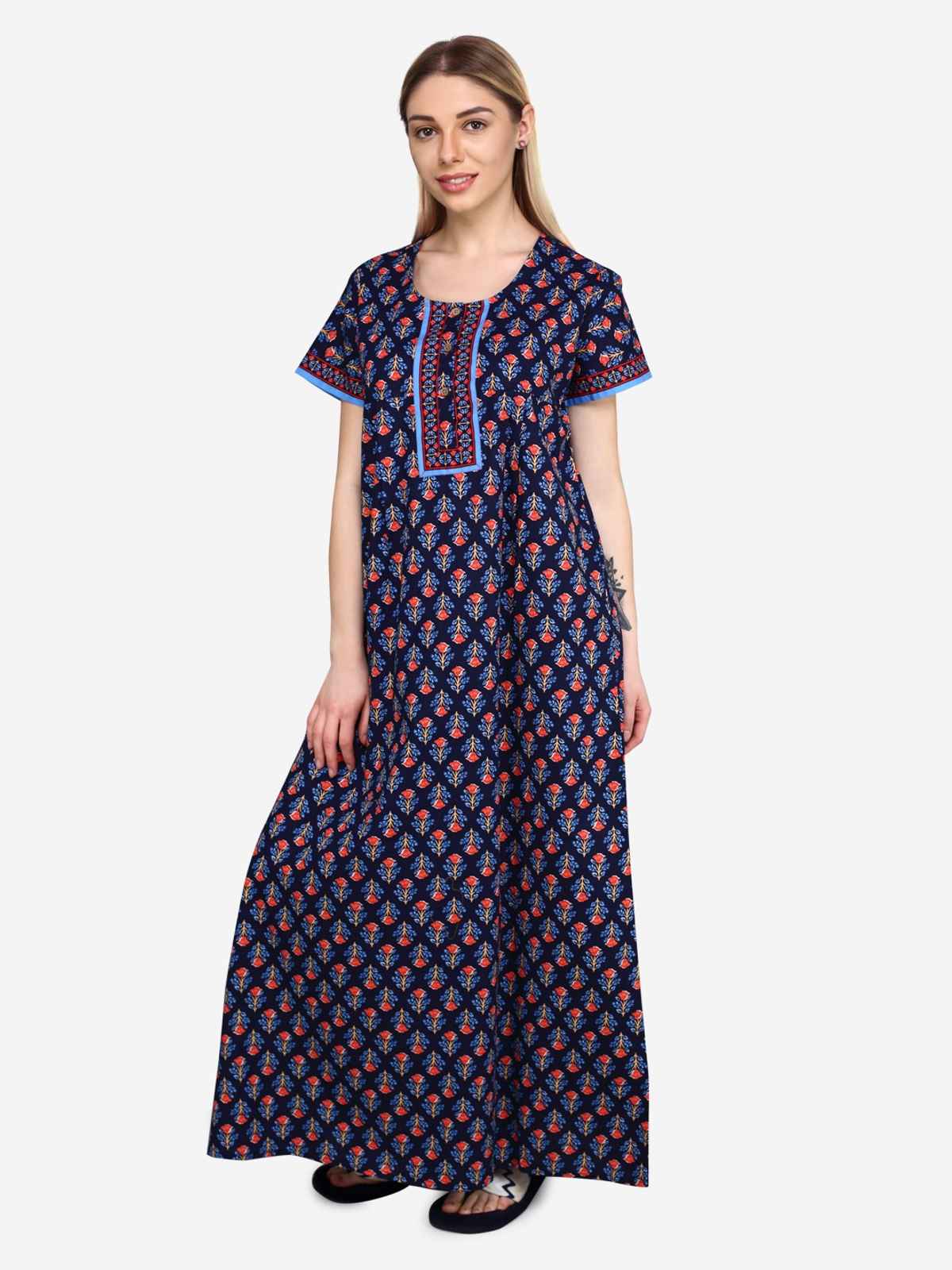 Evolove Women's Soft Cotton & Warm Printed Nighty | Blue | XL