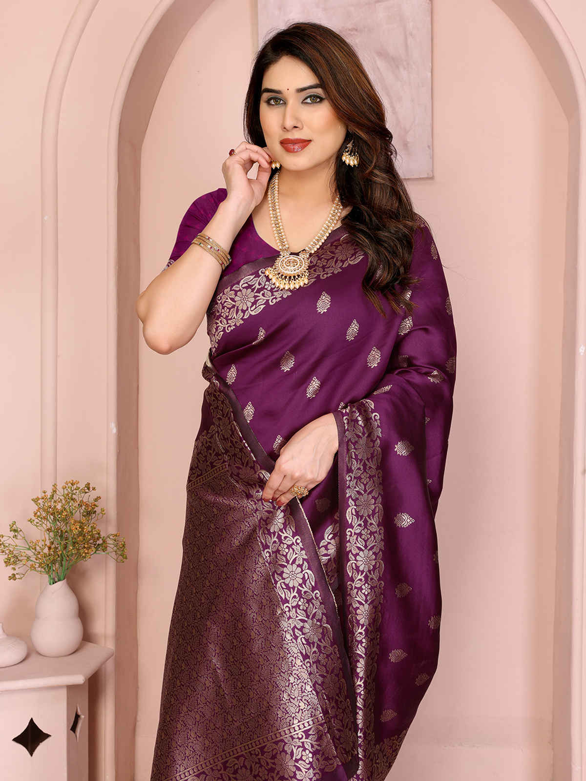 Hema Silk Mills Women Woven Banarasi Silk Blend Saree | Wine