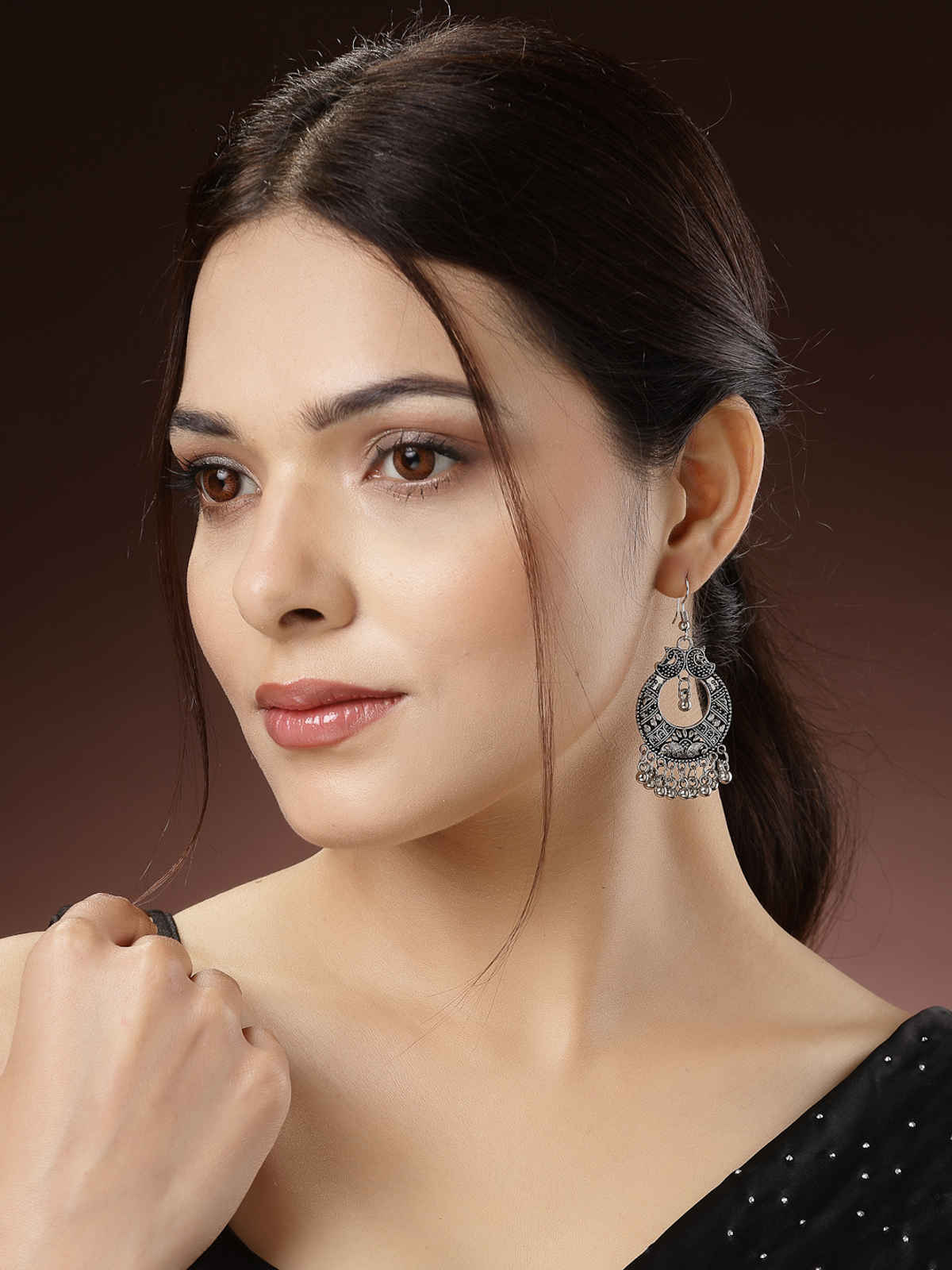 NVR Women German Silver Oxidised Dome Shaped Boho Chic Jhumka Earrings
