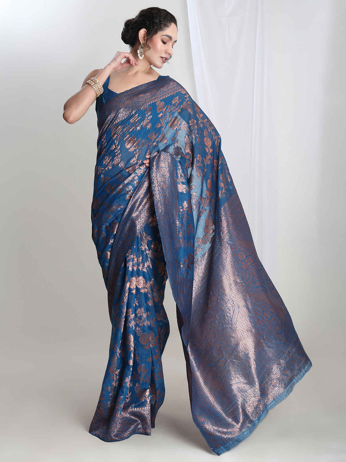 Janasya Women's Silk Blend Floral Woven Design Jacquard Saree with Blouse Piece | SAR612 | Blue