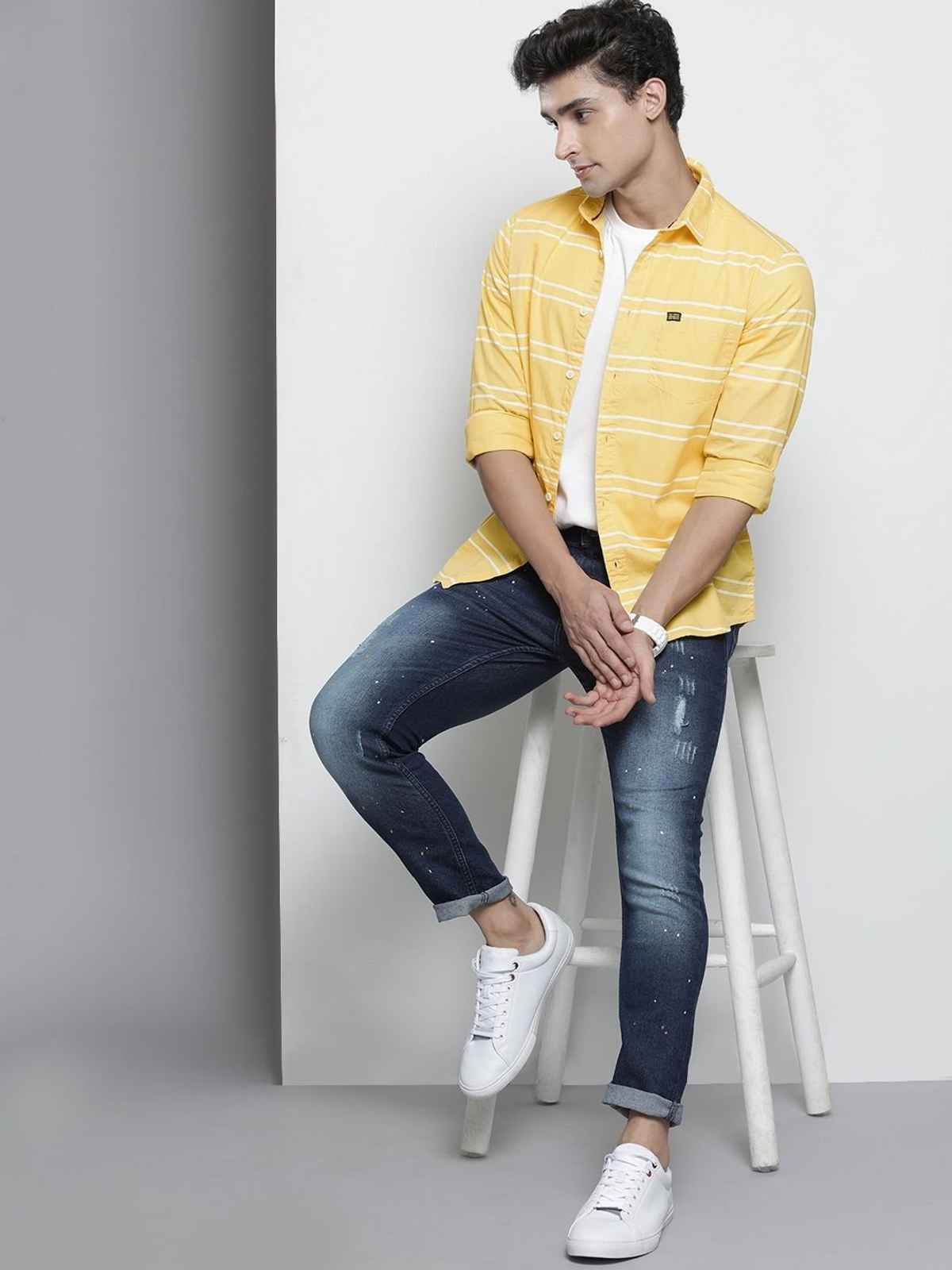 The Indian Garage Co | Men Slim Fit Striped Casual Shirt | Yellow | 2XL