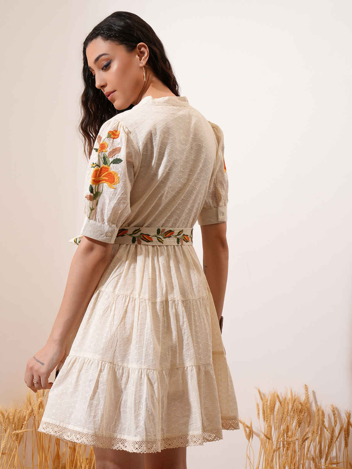 Vishudh Women's Embroidered Short Tiered Dress With Belt | Off White - L