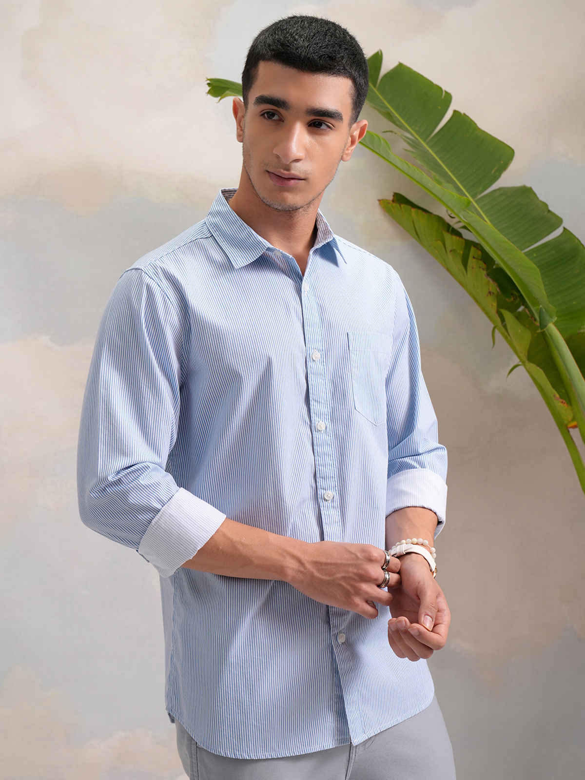 HIGHLANDER Classic Slim Fit Vertical Striped Spread Collar Cotton Casual Shirt | White & Blue | M
