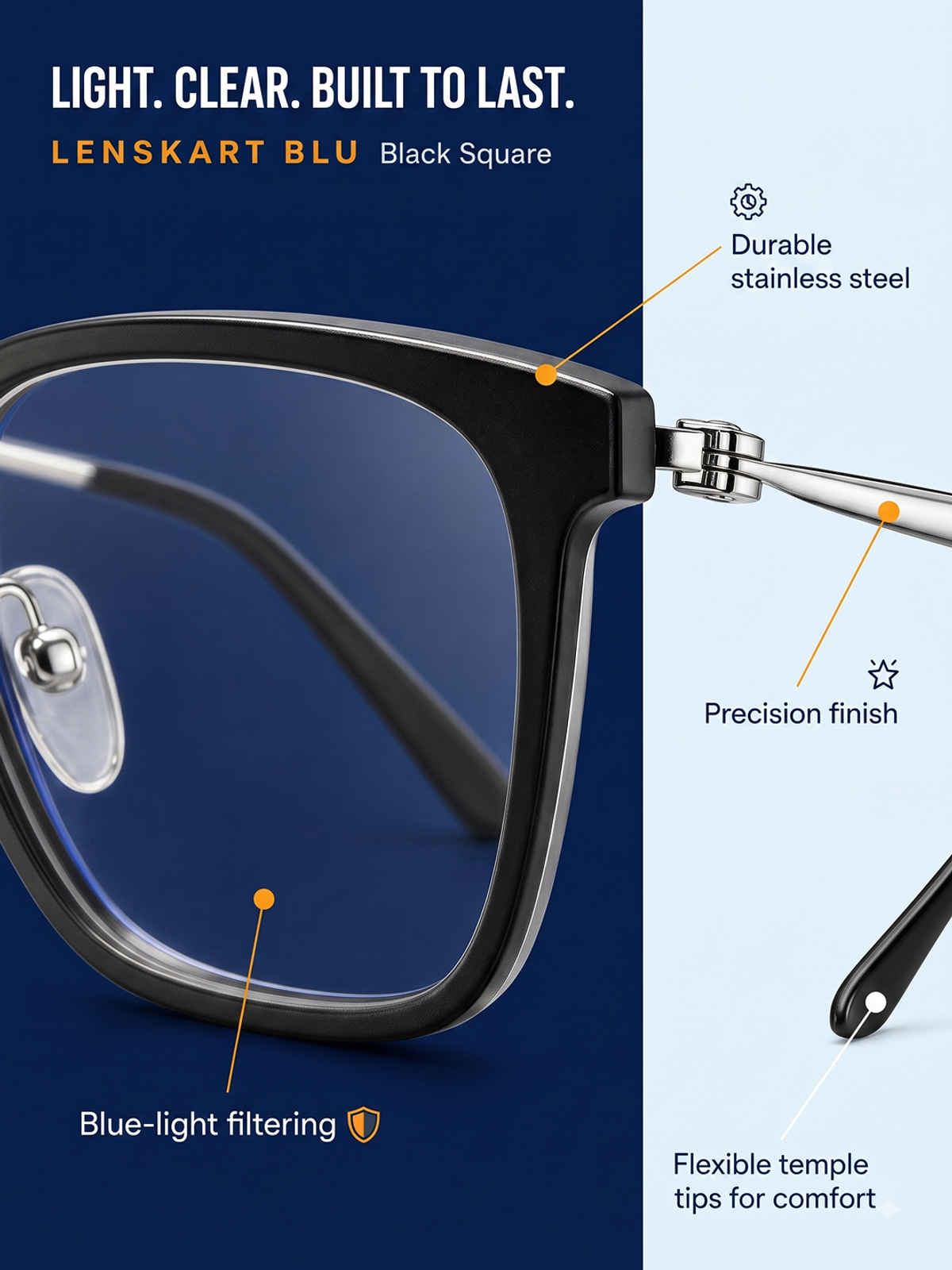 Lenskart Blu | Zero Power Computer Glasses | Blue Ray Protection | Square | Medium-136mm | Black