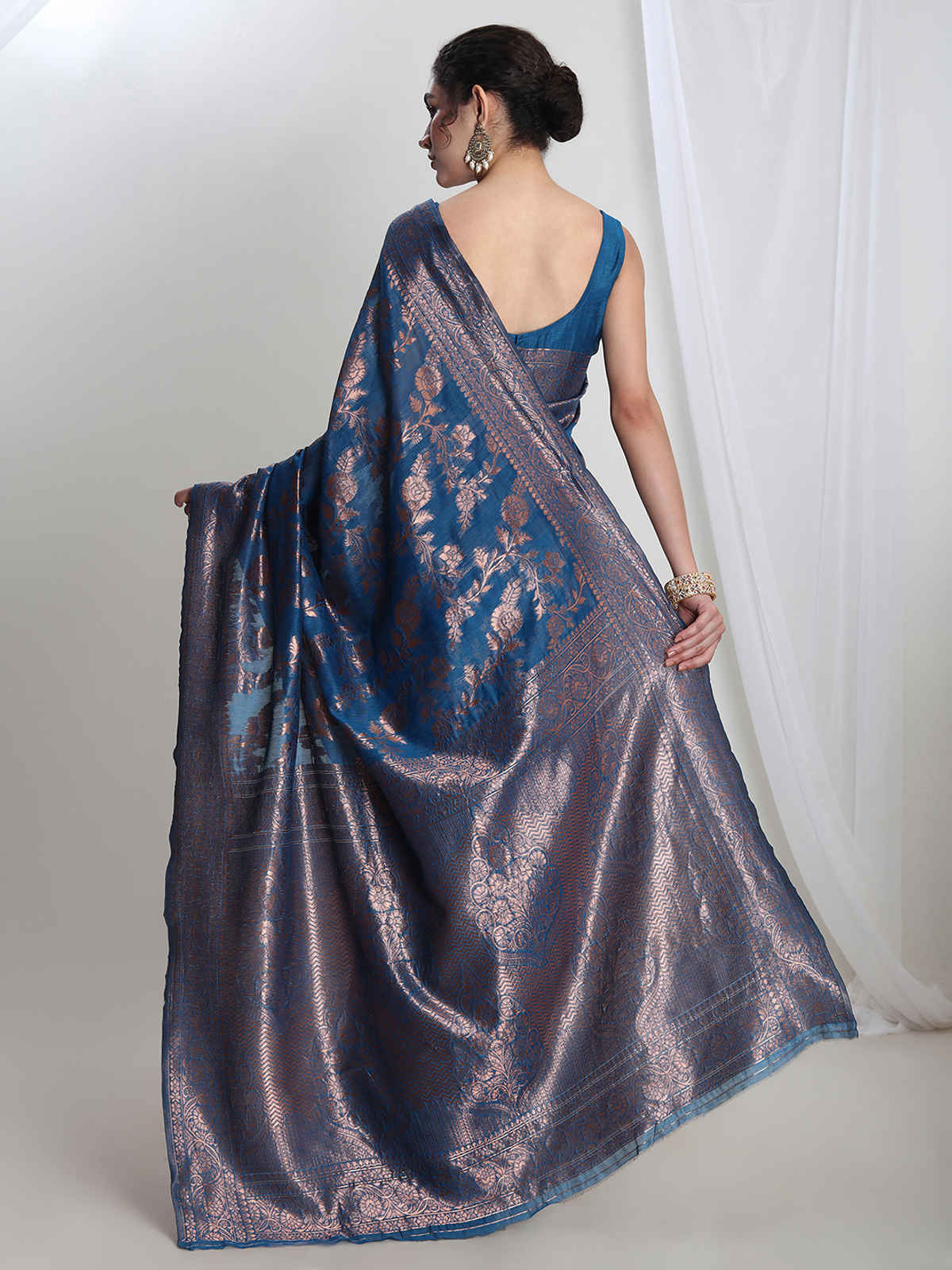 Janasya Women's Silk Blend Floral Woven Design Jacquard Saree with Blouse Piece | SAR612 | Blue