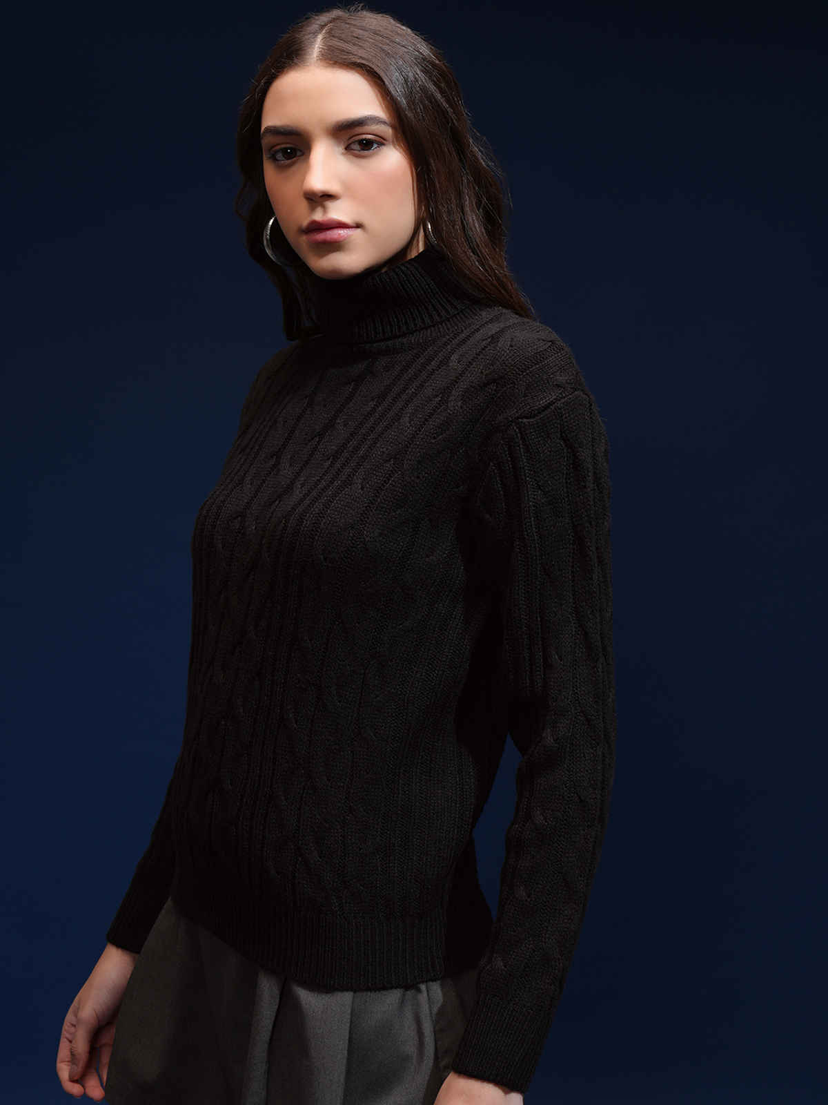 Tokyo Talkies Women's Self Design Turtle Neck Sweater | Jet Black - S