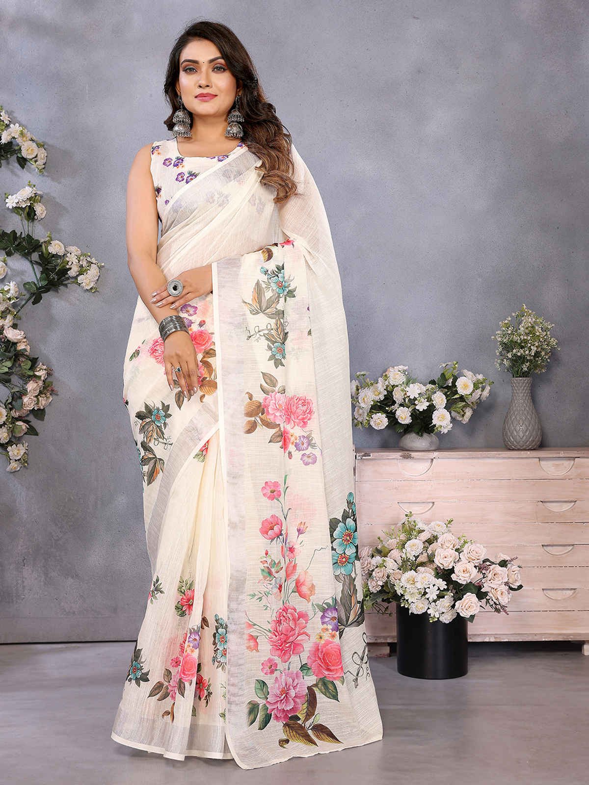 Hema Silk Mills Woman Digital Print Bollywood Linen Saree Ready to Wear saree with pocket | Beige