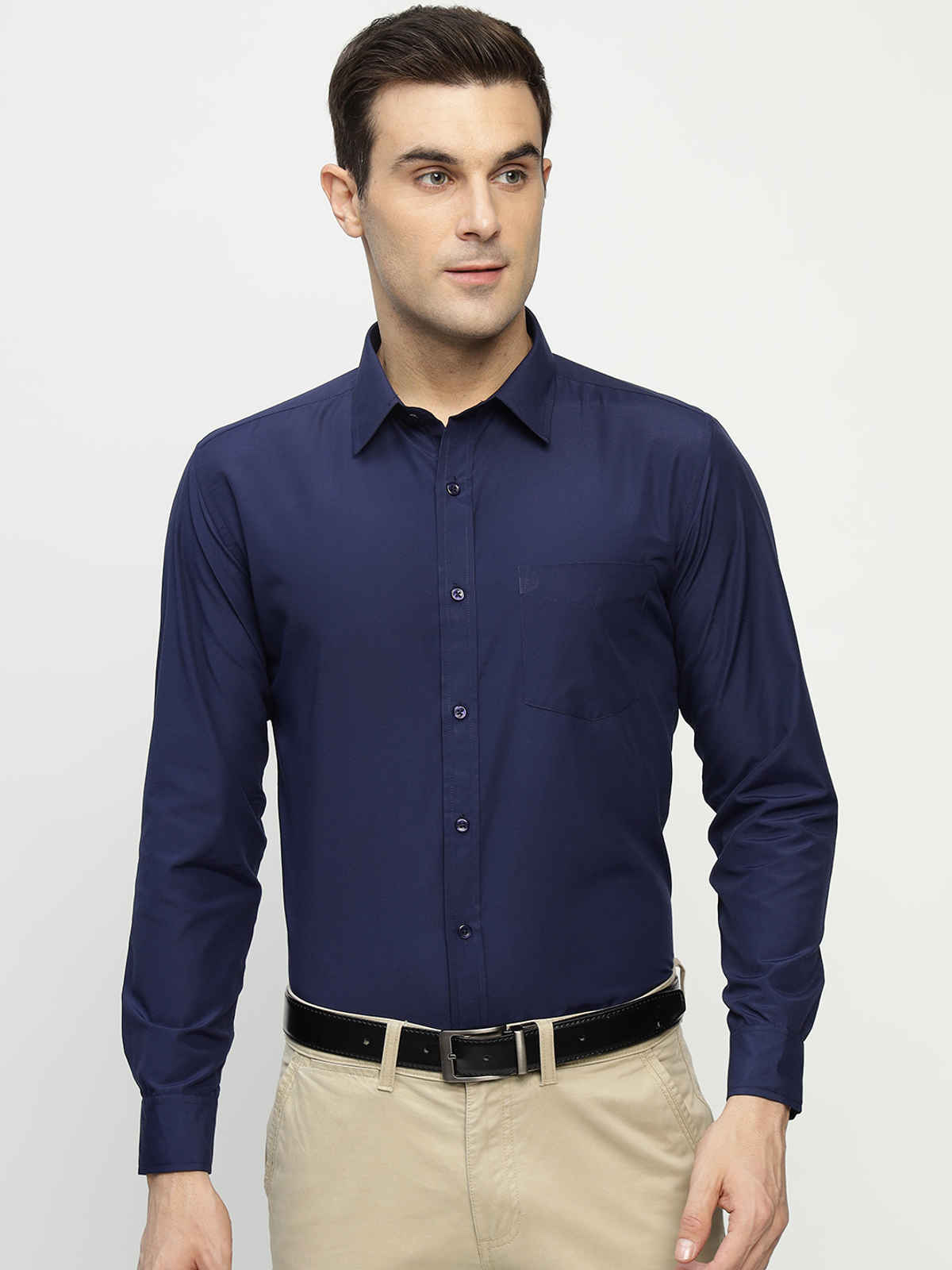 English Navy Men's Polyester Solid Slim Fit Button Closure Formal Shirt | Navy Blue - M
