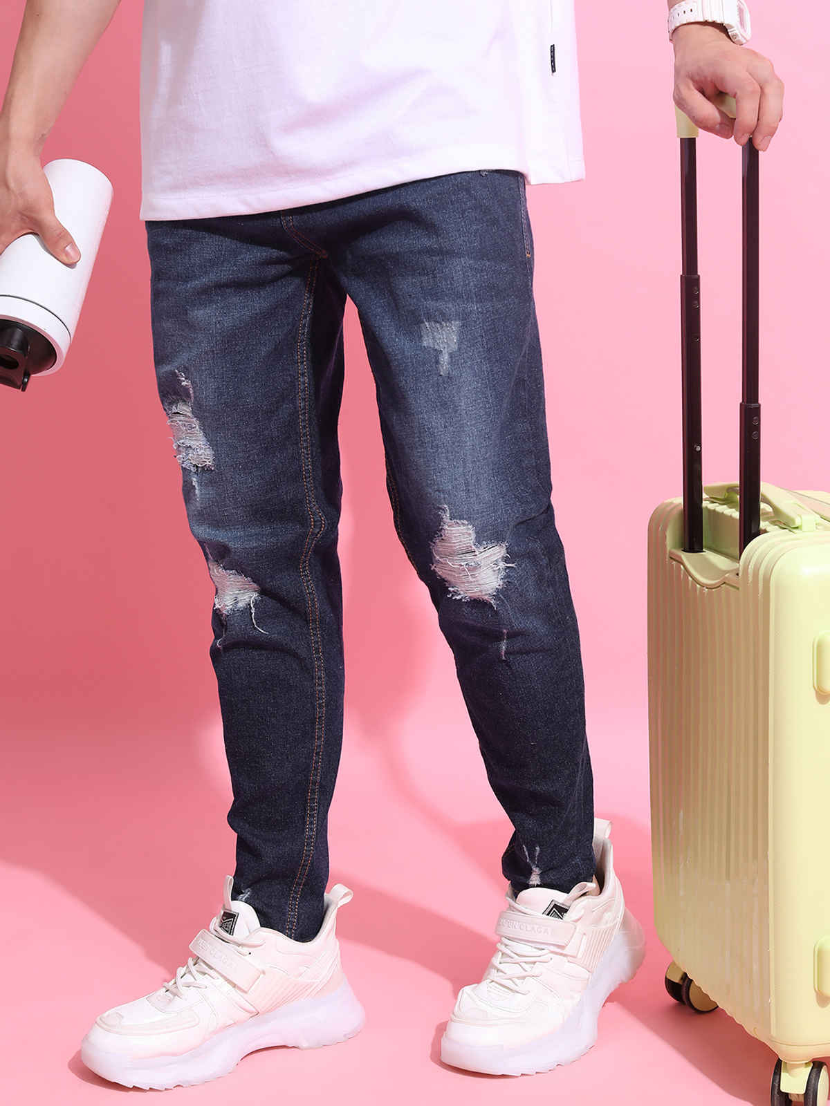 Highlander Men's Mid-Rise Super Skinny Fit Mildly Distressed Stretchable Cropped Jeans | Blue - 32