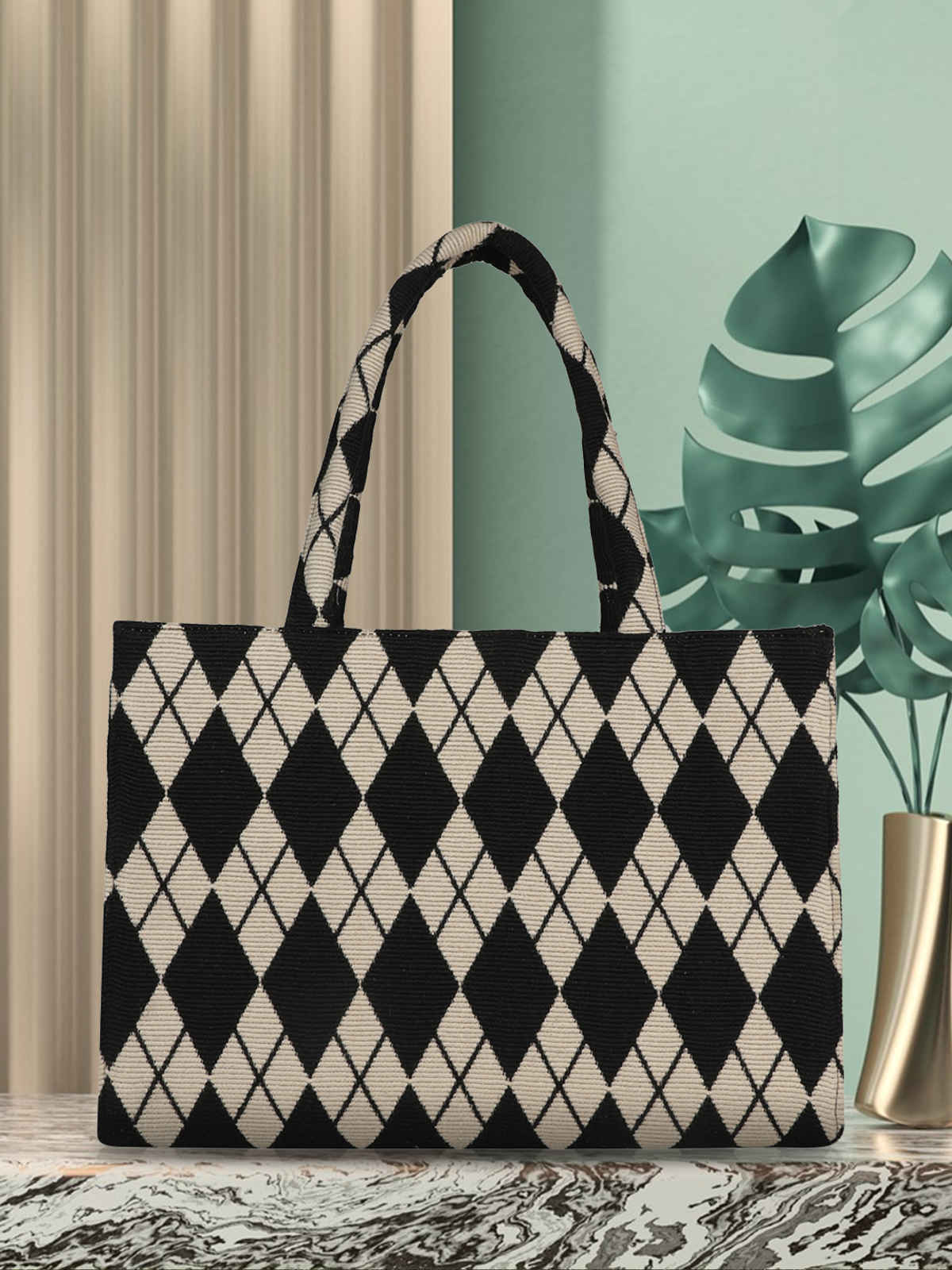 Mini Wesst Women's Synthetic Leather 13 L Double Handle Tote Bag | Black and Cream - Standard