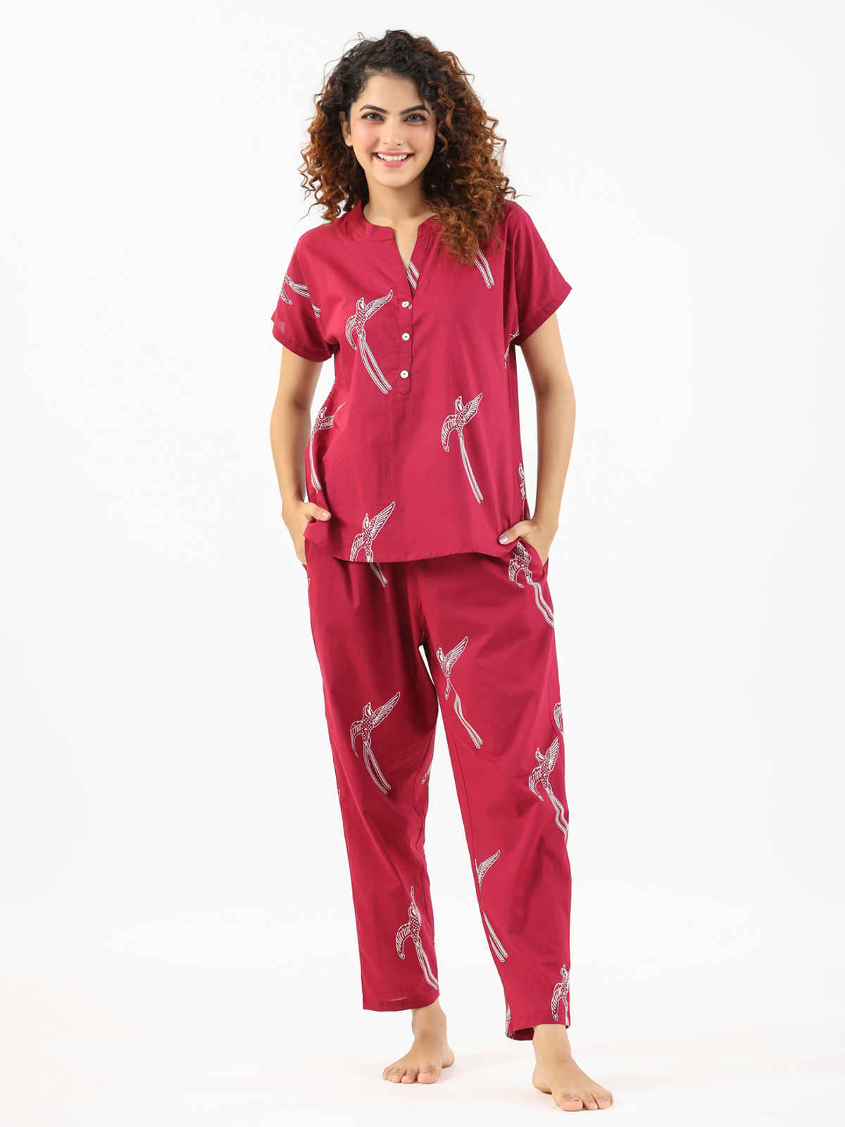 Sanskrutihomes Conversational Printed Mandarin Collar Pure Cotton Night Suit | Magenta - S