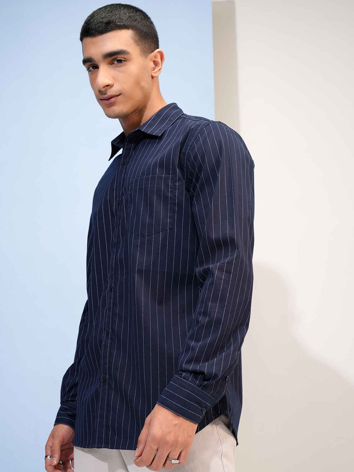 Highlander Men's Striped Slim FIt Shirt | Navy & White - L