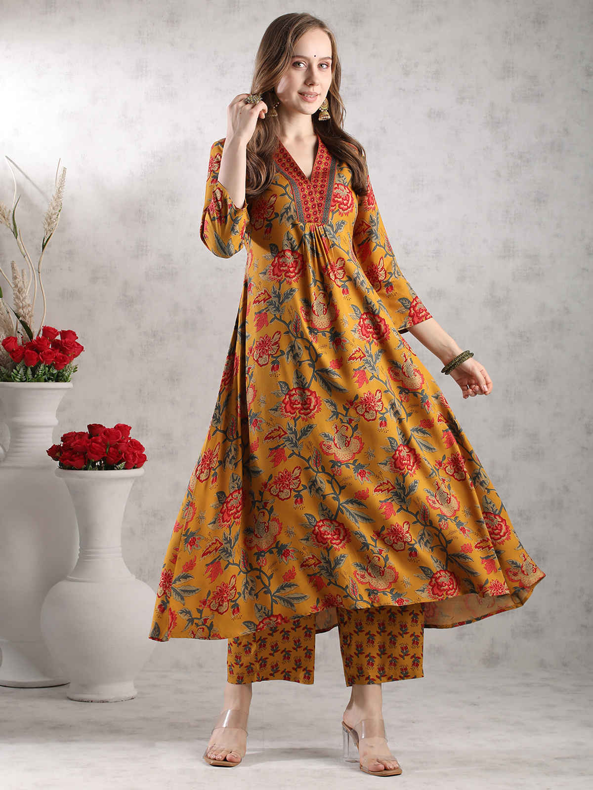 GoSriKi Women's Rayon Blend Anarkali Printed Kurta with Palazzo & Dupatta | CIA | Yellow - S