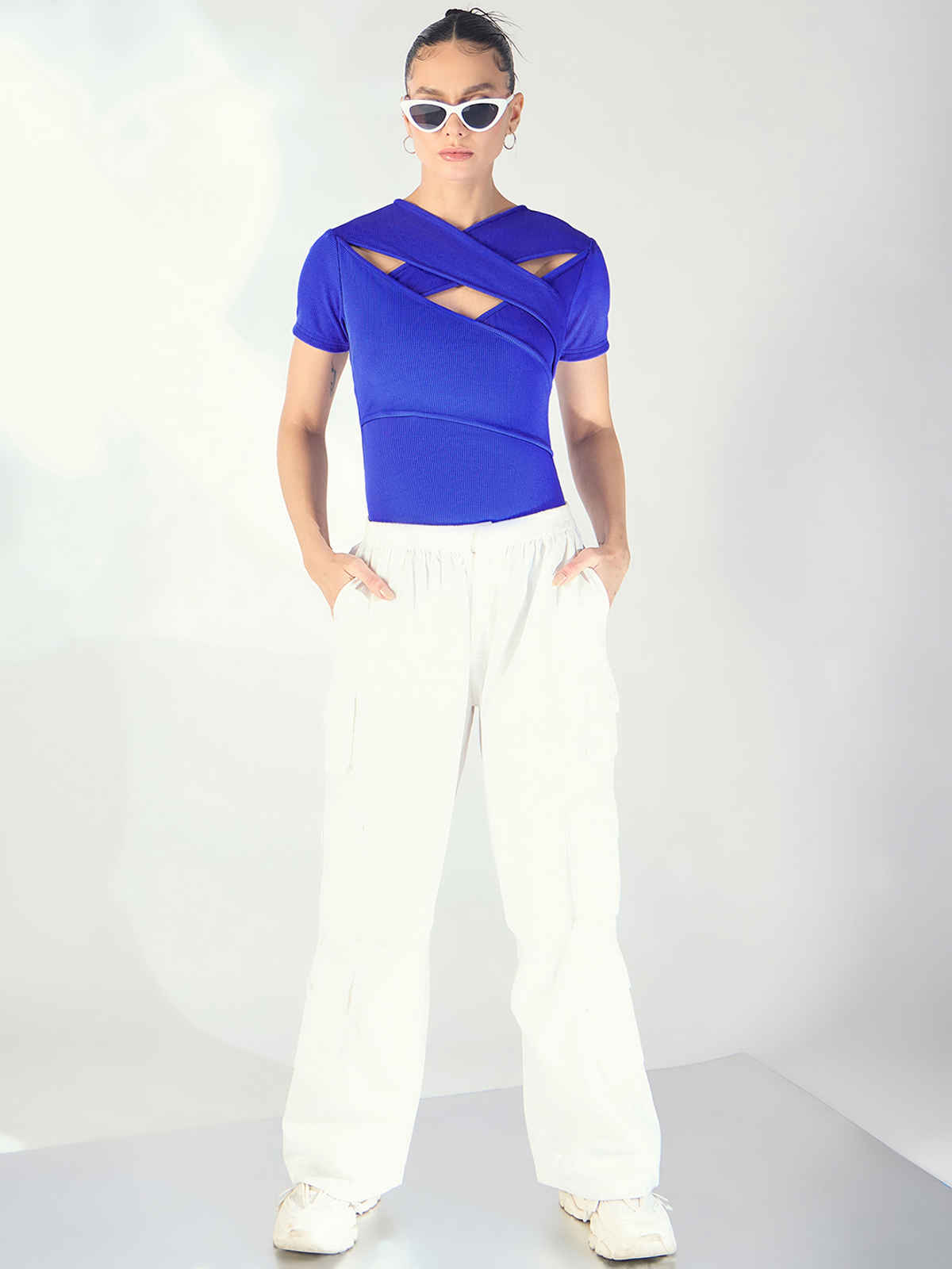 Uptownie Women's Criss Cross Ribbed Top | Blue - XL