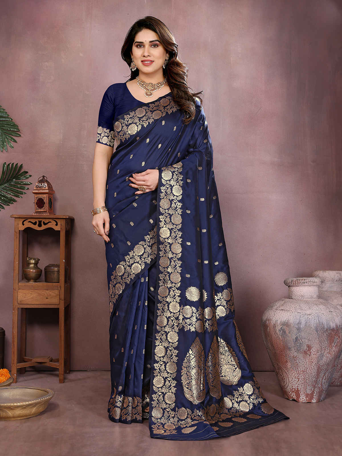 Hema Silk Mills Women Woven Two-Tone Banarasi Silk Blend Saree | Navy Blue