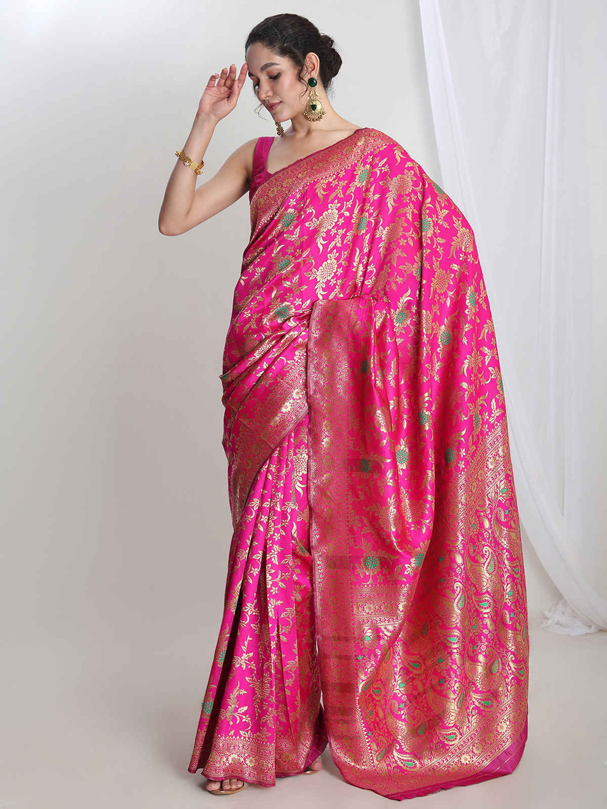 Janasya Women's Silk Blend Floral Woven Design Jacquard Saree with Blouse Piece | SAR566 | Pink