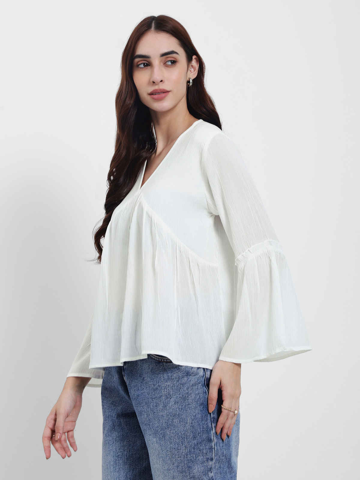Styli Women's A-Line Top with V-Neck and Bell Sleeves | White - M