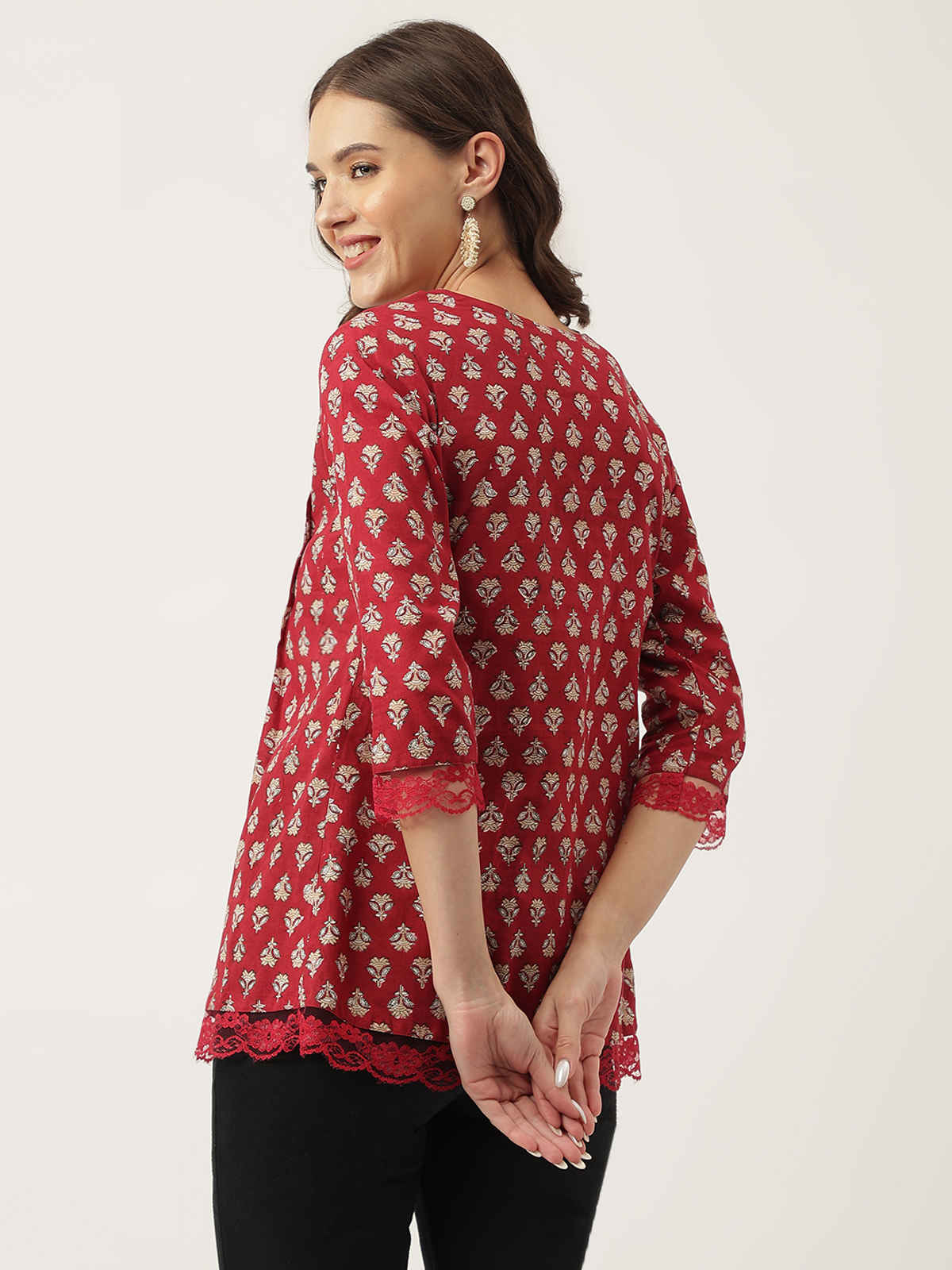 Divena Women s Red Floral Printed Cotton Peplum Tunic DK0966 | L