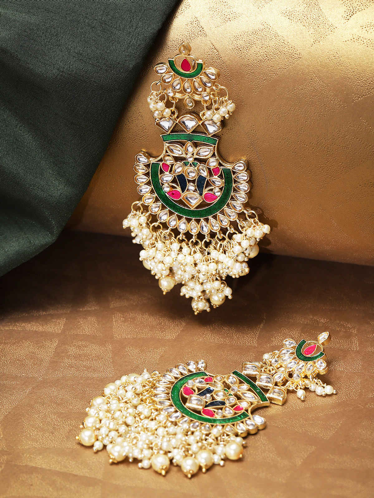 Priyaasi Gold-Plated Pachi Kundan Studded Meenakari, Heavy Drop Earrings In Green And Pink Color