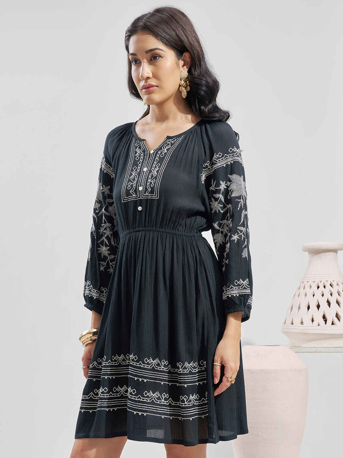 Vara By Vishudh Women's Viscose Gauze Embroiderd Round Neck Short Dress | Black - M