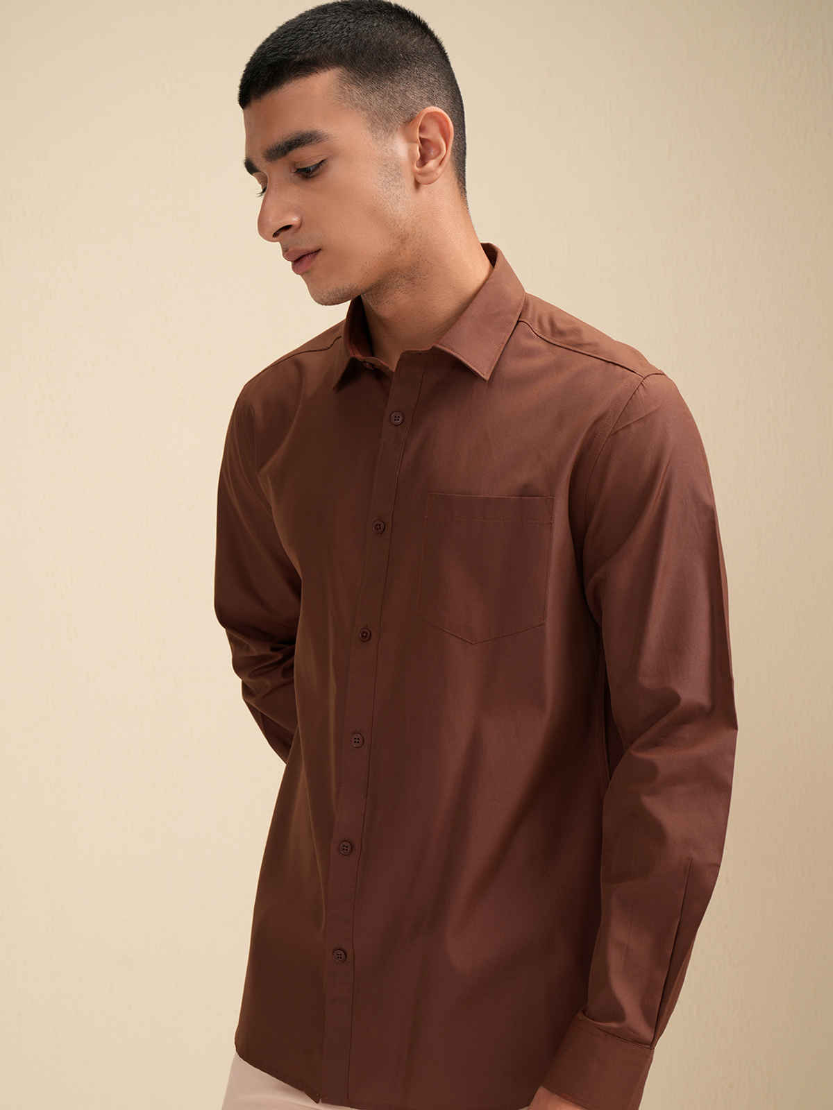 Highlander Men's Solid Casual Shirt| Peanut - M