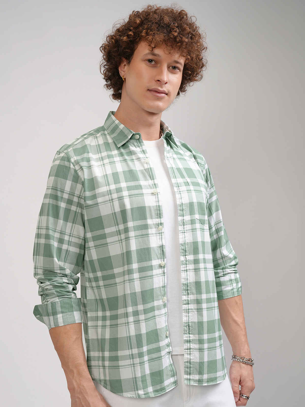 Highlander Men's Dusty Checked Slim Fit Shirt| Dusty Green & White - L