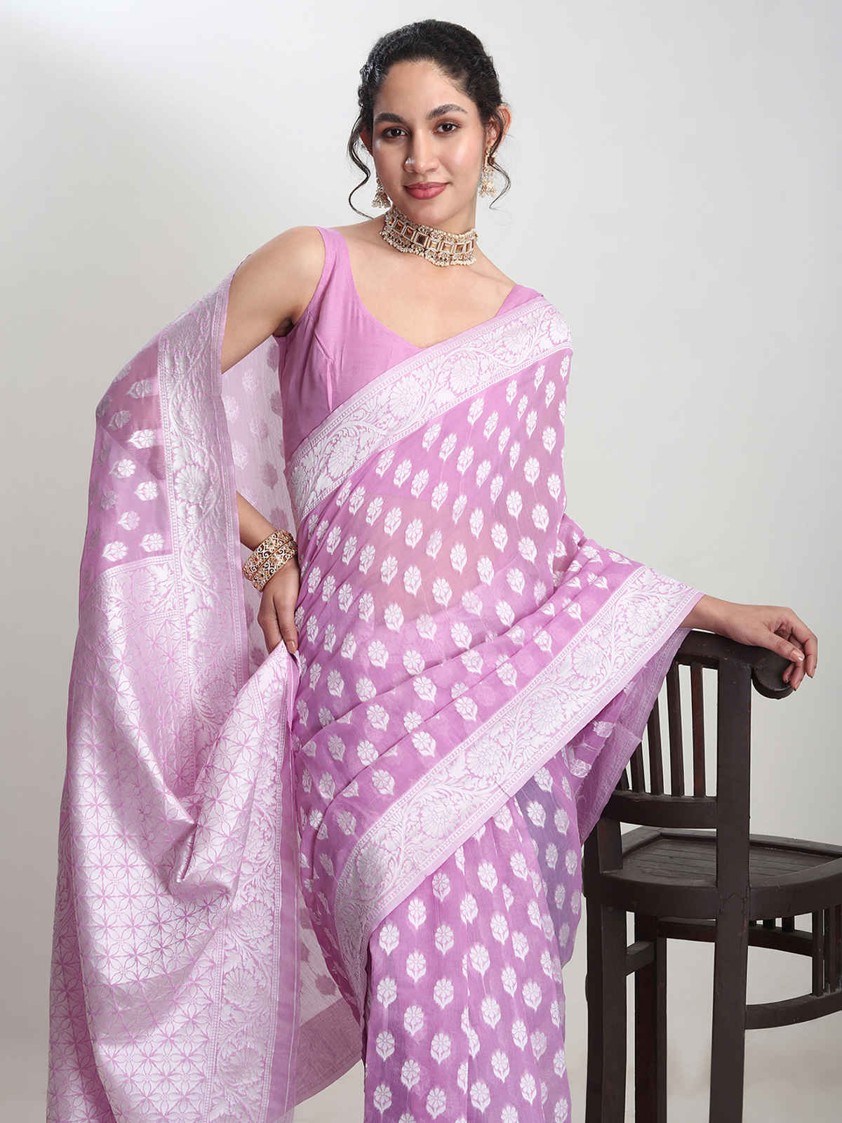 Janasya Women's Silk Blend Floral Woven Design Jacquard Saree with Blouse Piece | SAR631 | Lavender