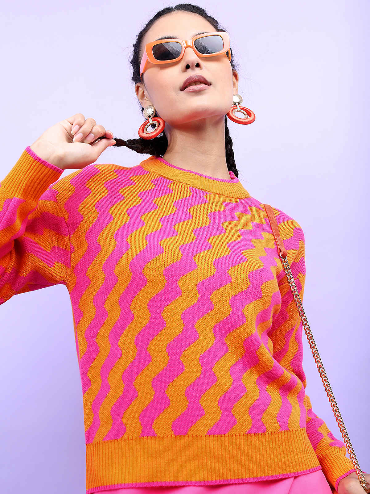 Tokyo Talkies Women's Jacquard Pullover Sweater | Orange & Pink - L
