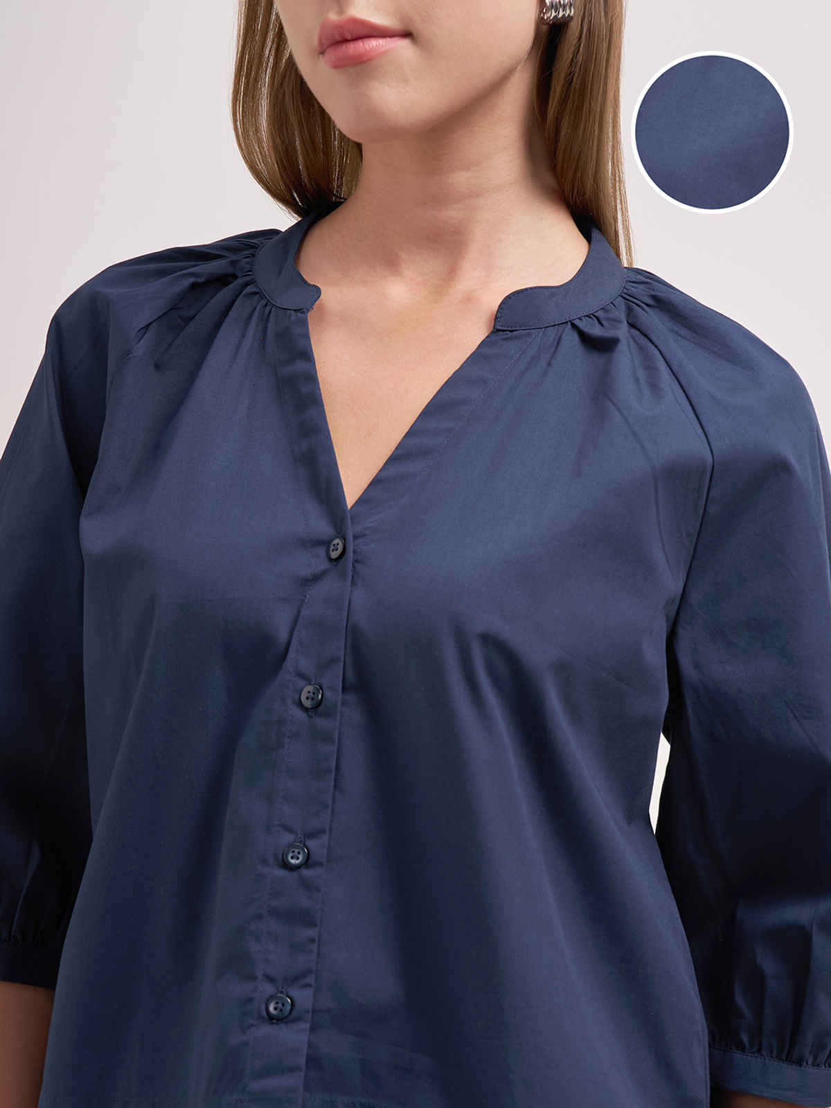Tokyo Talkies Women Manderin Collar 3/4Th Sleeve V Neck Front Placket Blouse | NAVY | S