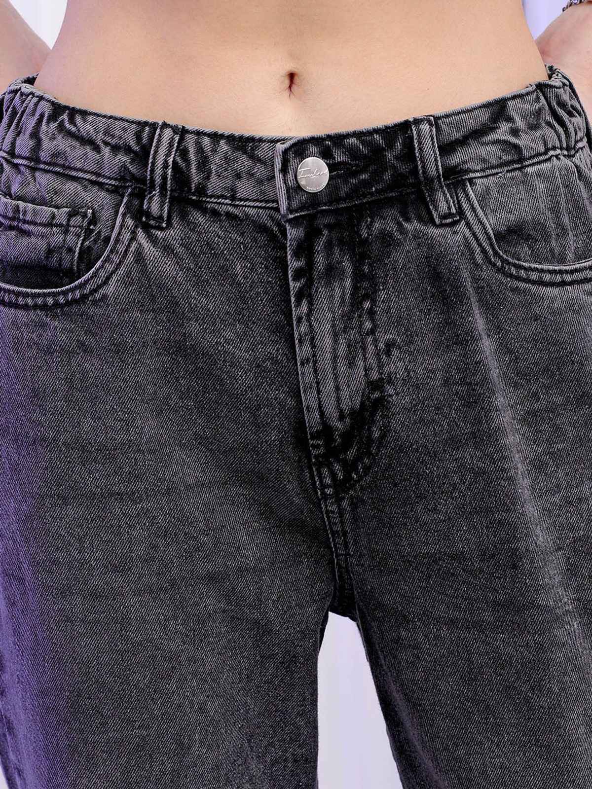 Freehand Women's High Waist Distressed Straight Fit Torn Denim Jeans | Grey - 34