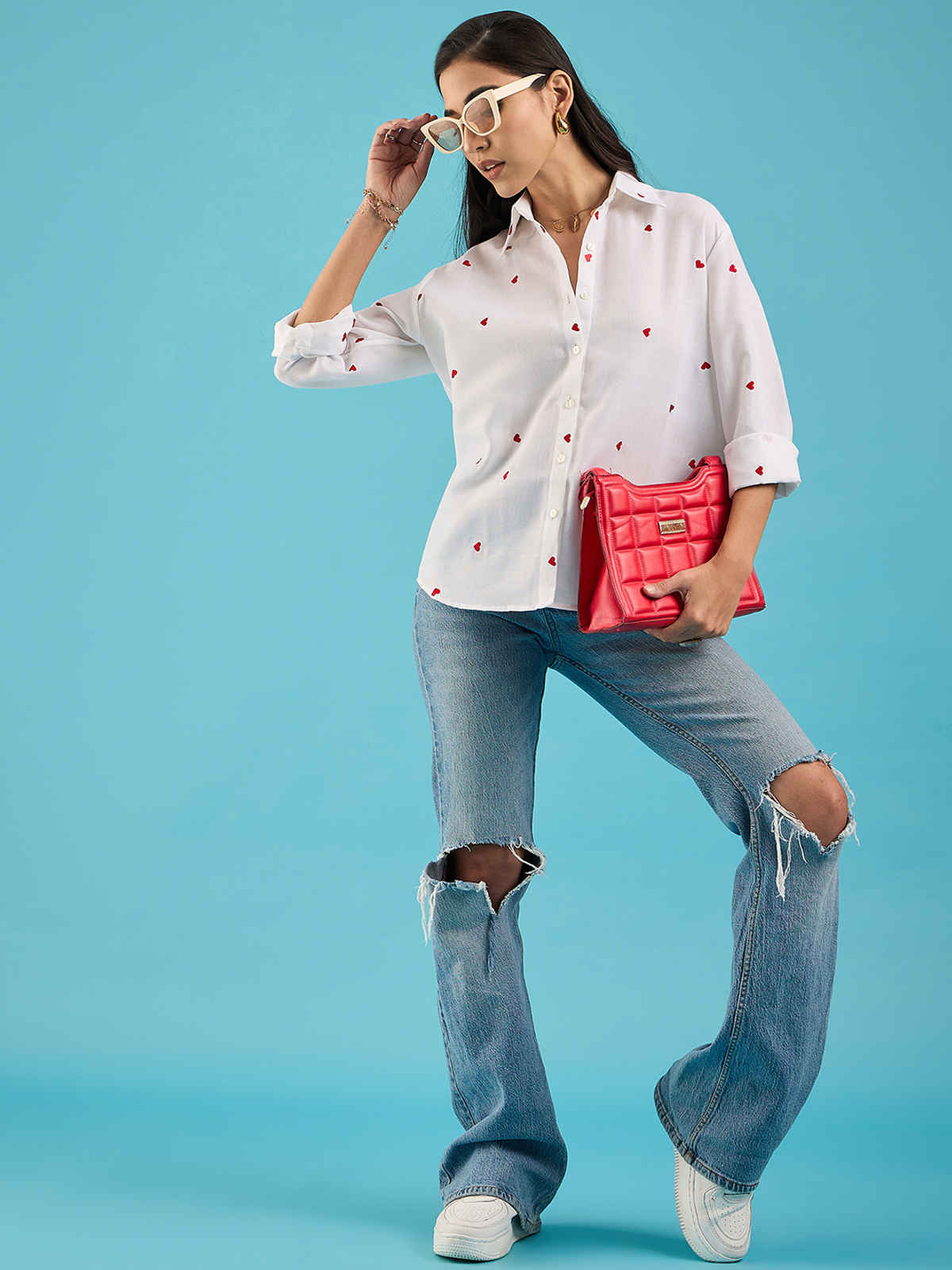 Uptownie Women's Embroidered Cotton Shirt with Hearts | 120018879 | White | S