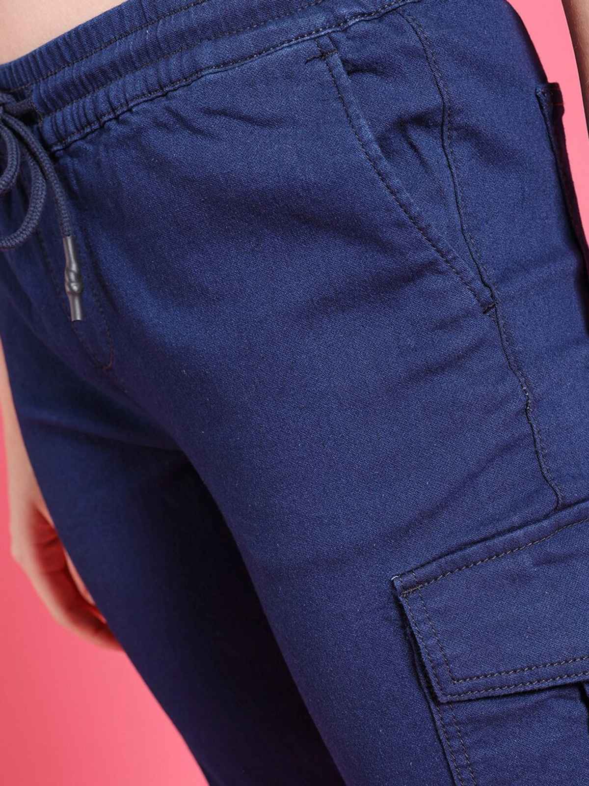 Freehand Women's Mid-Rise Dark Washed Joggers With Elasticated Drawstring At Waist | Blue - 30
