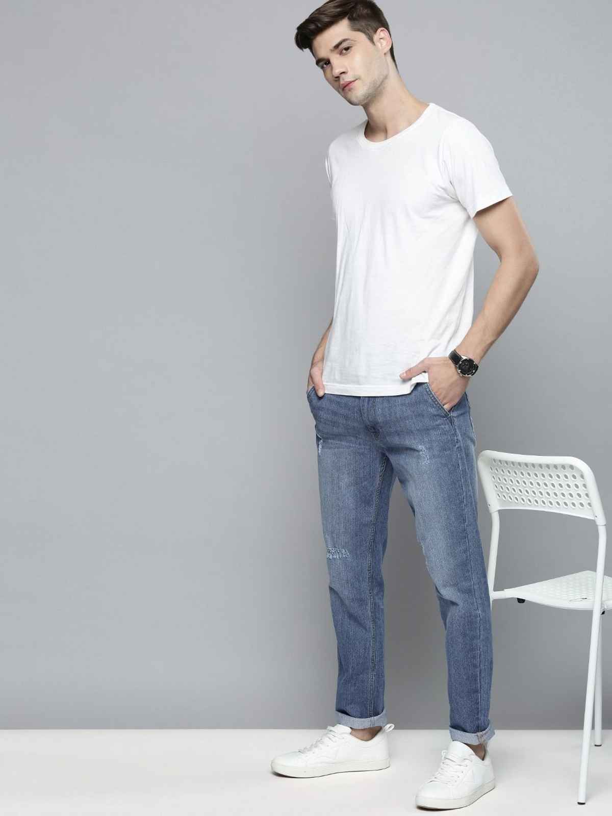 The Indian Garage Co Men's Slim Fit Solid Casual Textured Jeans | Blue - 30