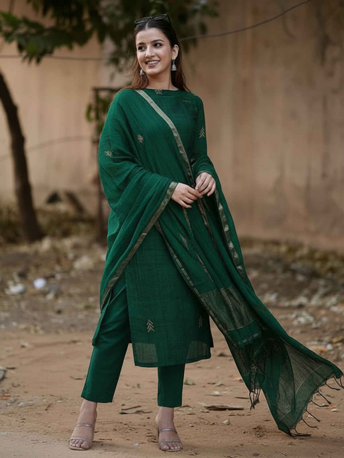 GoSriKi Women's Rayon Blend Printed Straight Kurta Set With Dupatta | GREEN | M
